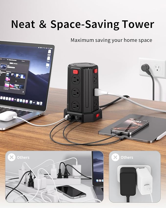 Power Strip Surge Protector Tower,Extension Cord with 12 AC Multiple Outlets 4 USB (1 USB C), SMALLRT Power Strip Tower Desktop Charging Station (Black, 6.5 FT-2PC)