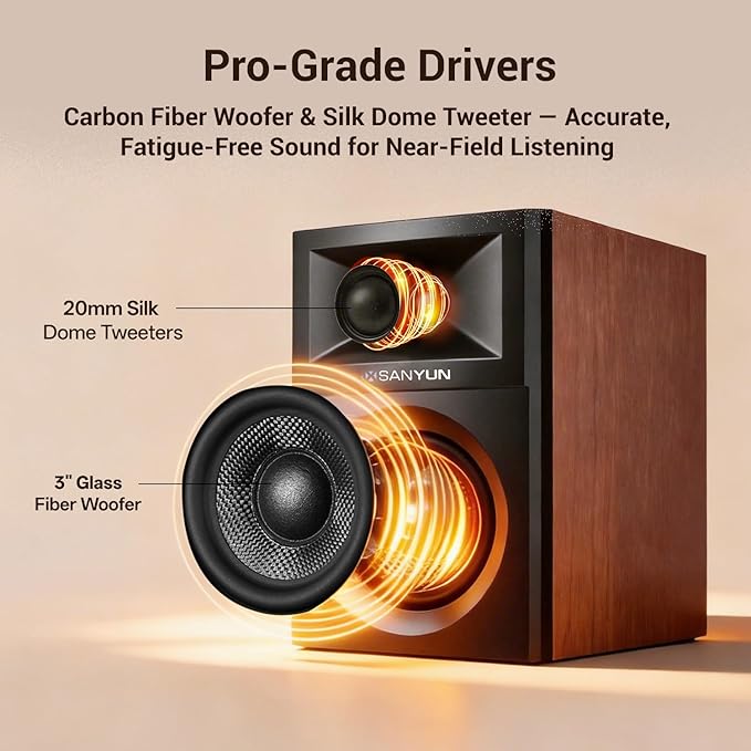 Sanyun SW203 2.0 Desktop Computer Speakers - Near-Field 3D Stereo with Vertical Imaging - 60W Triple-DSP Dual Independent Drive - 24bit USB-C DAC Bluetooth 5.4 AUX, HiFi PC Gaming (Pair, Cherry)