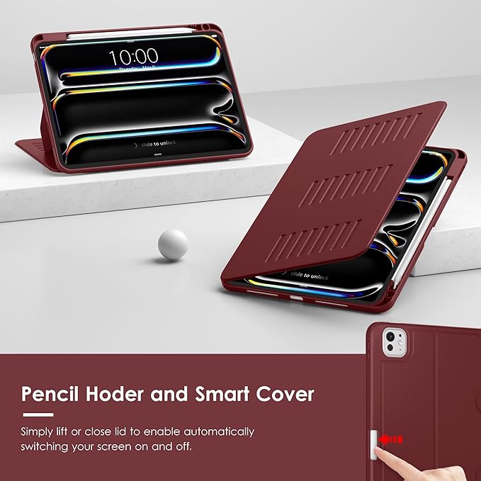 VIKESI Case for iPad Pro 11 inch (M5/M4) 2025/2024,Multiple Angles Magnetic Stand Cover,Shockproof Back,Pencil Holder,and Auto Sleep/Wake,Wine