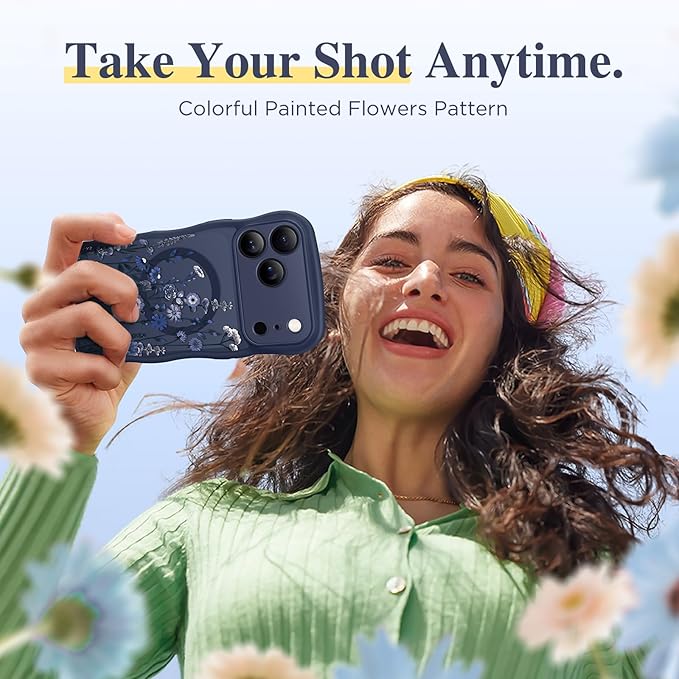 GVIEWIN for iPhone 17 Pro Max Case Compatible with MagSafe [Curly Wave Edge][Full Camera Protection] Floral Translucent Shockproof Magnetic Women Phone Case for 17 Pro Max, Floratopia/Blue