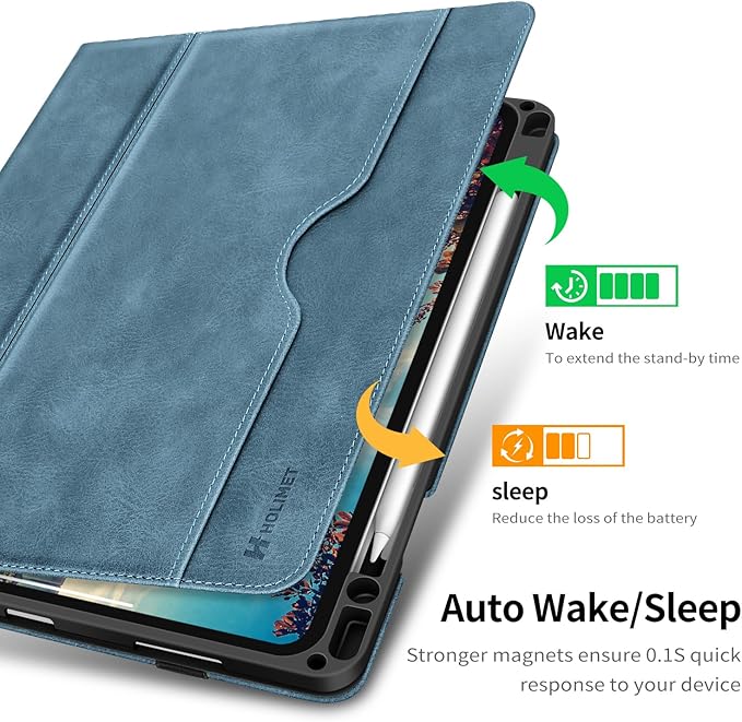 H HOLIMET Case for iPad Pro 11 inch M5 2025/M4 2024 with Pencil Holder Supports Pencil Pro and Pencil Auto Sleep/Wake Function Vegan Leather Smart Stand Cover (Blue)