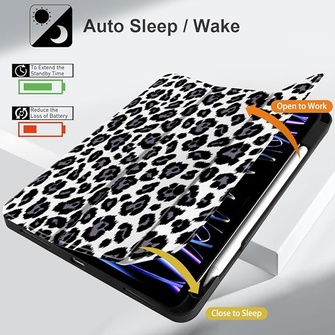 MEEgoodo for iPad Pro 12.9 Case M2 6th/5th/4th/3rd Generation 2022 2021 2020 2018 with Pencil Holder, Tablet Cover with Soft TPU Back Shell, Snow Leopard Texture