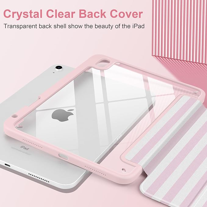 Case for iPad Air 11 inch M4 2026 M3 2025 M2 2024 Release with Pencil Holder - Cute Pink White Striped Trifold Cover with Clear Back Auto Sleep/Wake, Aesthetic Soft Protective Skin for Girls