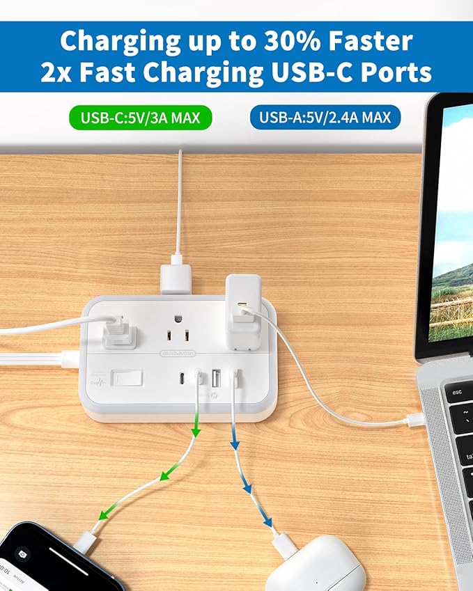 Flat Extension Cord 25 ft, NTONPOWER Power Strip with 6 Outlets 4 USB Ports(2 USB C),Flat Plug, Multiple Outlets, Mounted, Outlet Extender, Overload Protection for Indoor, Home, Office