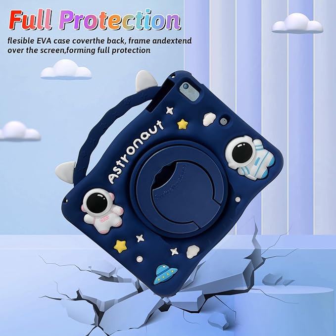 Dteck for iPad 9th/8th/7th Generation Case 10.2",Cute Cartoon Funda 3D Unique Design Light Rotating Handle Stand Shoulder Strap Soft Silicone Drop Rugged Shockproof Protective Kid-Proof Case,Astronaut