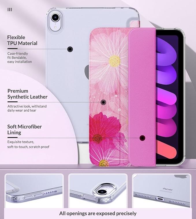 MoKo Case Fit New iPad mini 7 (A17 Pro) 2024, iPad mini 6th Generation Case 2021 (8.3-inch), iPad mini 6 Case, Soft TPU Translucent Frosted Back Cover Case for iPad mini 7th, Coreopsis