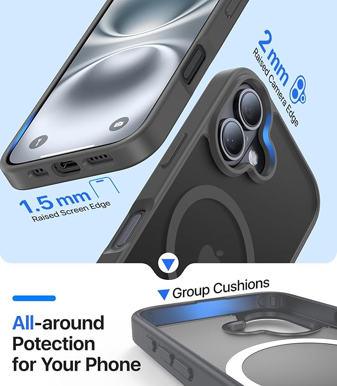 Magnetic for iPhone 16 Case, [Compatible with MagSafe][Military-Grade Drop Protection][Anti-Yellowing] Shockproof Protective Translucent Matte Cover for iPhone 16 Phone Case,Gray