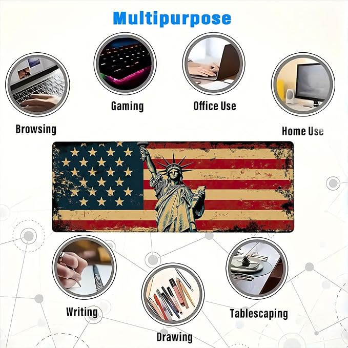 American Flag Desk Mat Vintage Statue Liberty Gaming Mouse Pad Mat with Stitched Edge Non-Slip Base Big Mouse Pad Compatible with Computer, Laptop, and Keyboard 31.5x11.8 Inch
