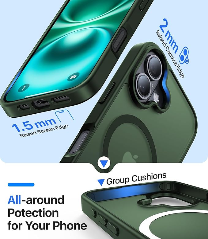 Magnetic for iPhone 16 Case, [Compatible with MagSafe][Military-Grade Drop Protection][Anti-Yellowing] Shockproof Protective Translucent Matte Cover for iPhone 16 Phone Case,Forest Green