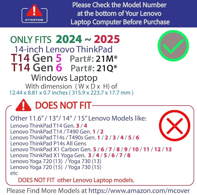 mCover Hard Case ONLY Compatible for 2024-2025 14" Lenovo ThinkPad T14 Gen 5 / Gen 6 Windows Notebook PC (with 180° Hinge, NOT Fitting Any Other Lenovo Models)- Red