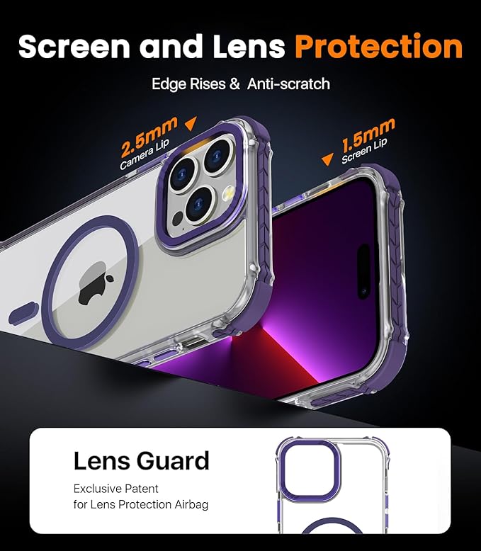 DEERLAMN Strong Magnetic Case for iPhone 15 Pro 6.1-Inch,[Compatible with Magsafe] Clear Slim Shockproof Protective Phone Cover for Women Men-Transparent+Purple