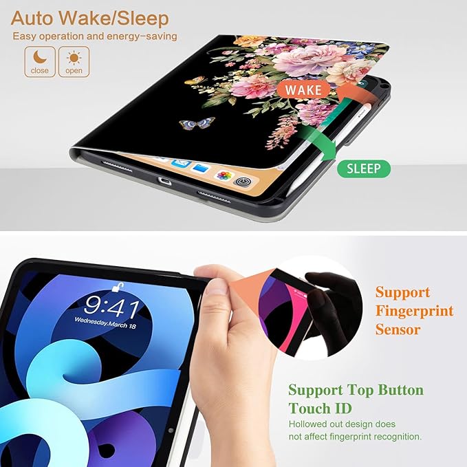 Vimorco for iPad Air 11 Inch Case M4 2026,for iPad Air 5th/4th Gen Cases 10.9-inch,for iPad Pro 11 Inch Case 4th/3rd/2nd/1st Generation 360 Degree Rotating Pencil Holder 4 Viewing Angles, Black Flower