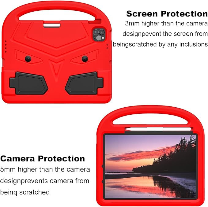 Kids Case for Apple iPad Air 11 inch M3/M2 & iPad Pro 11 inch M5/M4 (2025/2024) with Pencil Holder/Handle/Kickstand Lightweight Soft EVA Foam Shockproof Stand Girls Boys Cover, Red Bird