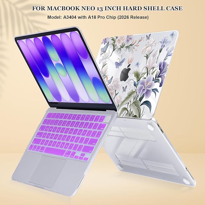 for MacBook Neo 13 inch Case 2026 A3404 with A18 Pro Chip, Anti-Scratch Slim Pattern Plastic Hard Shell Case 13-inch Neo Protective Cover with Keyboard Cover & Screen Film, Purple Flowers