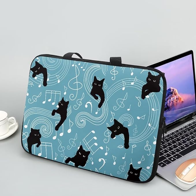 10 Inch Laptop Sleeve, Music Note Black Cats Laptop Cover Computer Bag Tablet Carrying Case with Handle, Durable Tote Bags Notebook Case Handbag Briefcase Shoulder Bag for Business/School
