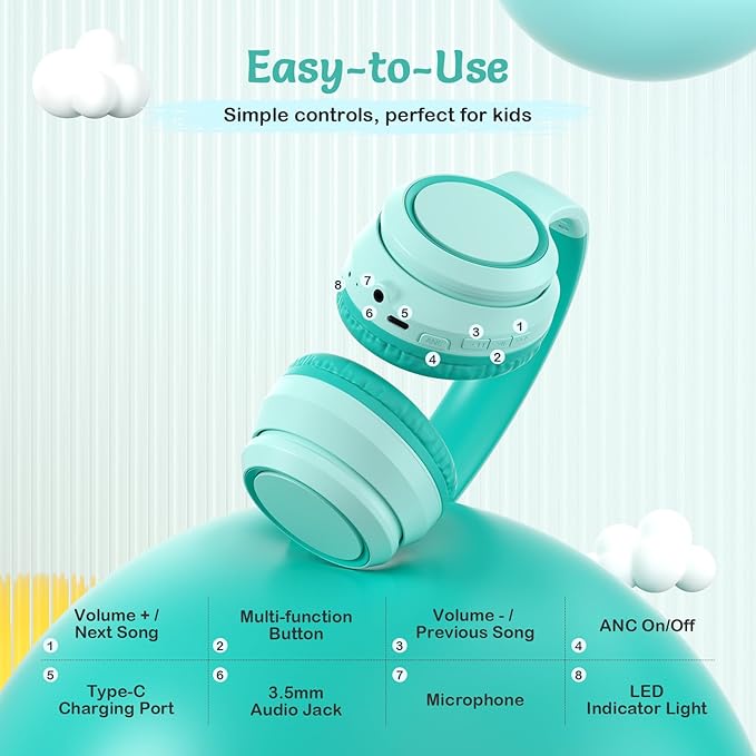 TONOSHARK Kids Bluetooth Headphones with Active Noise Cancelling, Wireless Over-Ear Headphones for Boys Girls, Foldable, Adjustable,40H Playtime, Mic for School Travel (Mint Green)