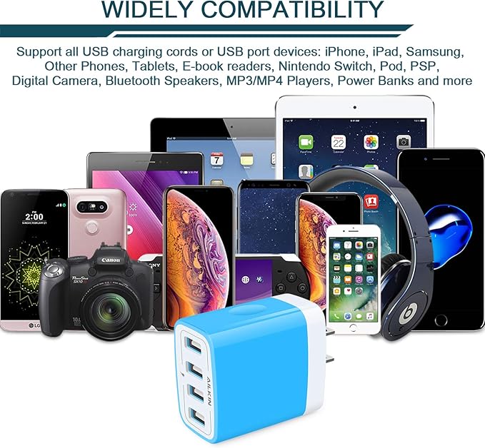 Wall Charger, USB Charger Adapter, AILKIN 4.8A 4Multi Port Fast Charging Station Power Base Block Plug Cube Brick for iPhone, iPad, Samsung Galaxy, Moto, Google Pixel, Kindle Fire Plug Cargador Carro
