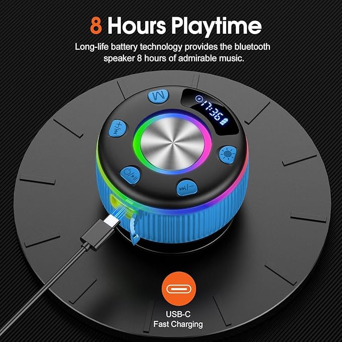 Bluetooth Shower Speaker, IP7 Waterproof Portable Bluetooth 5.3 Speakers with Suction Cup, Mini Wireless Speaker with RGB Lights Time Display, Loud Stereo Sound for Bathroom Beach Outdoor Party, Azure