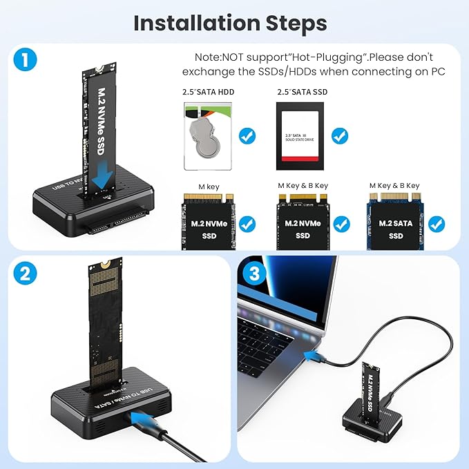 M2 NVMe SATA SSD Enclosure Hard Drive Reader USB 3.2 Gen 2 10Gbps External SSD Reader for 2.5" HDD SSD M.2 NVMe SATA (M Key&M+B Key),Support Sizes 2230 2242 2260 2280 22110