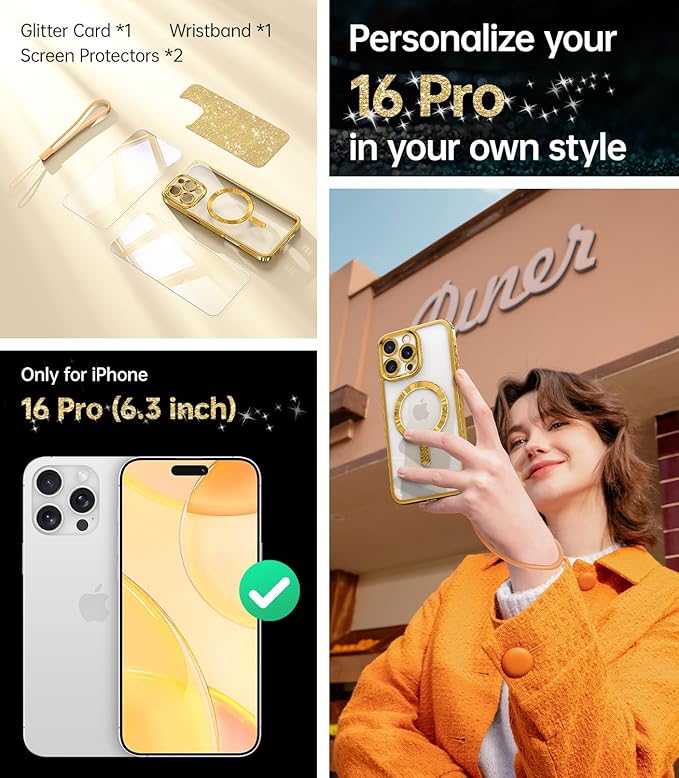 Meifigno Case Designed for iPhone 16 Pro 6.3 Inch, [Compatible with MagSafe] [2X Screen Protectors] [Glitter Card & Wrist Strap] Surround Lens Protection Designed for iPhone 16 Pro Case, Gold