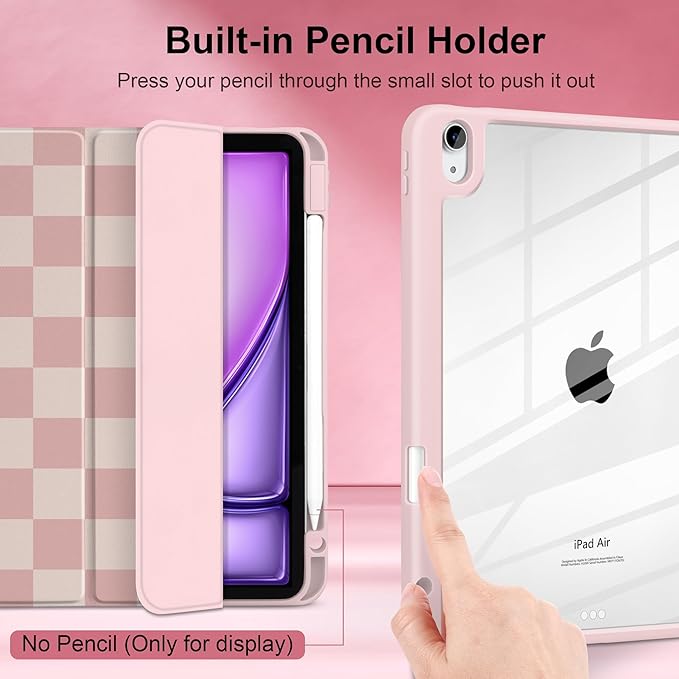 Case for iPad Air 11 inch M4 2026 M3 2025 M2 2024 Release with Pencil Holder - Aesthetic Cute Design Trifold Cover with Soft TPU Bumper Clear Back Auto Sleep/Wake for Girls Women, Lattice