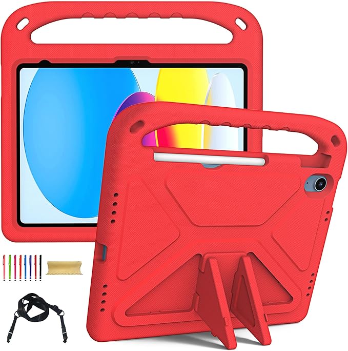 for iPad A16 Case 11th Generation 2025 11 Inch, iPad 10th Generation 10.9" 2022 Case, Kids Friendly Lighweight EVA Foam Shoulder Strap Shockproof Stand Cover for Girls Boys, Red