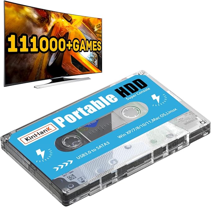 Kinhank 500G Portable External Game Hard Drive Disk, Built-in 111000+ Games, Batocera 33 Game System, for Laptop/PC/Windows/, (No Gamepad)