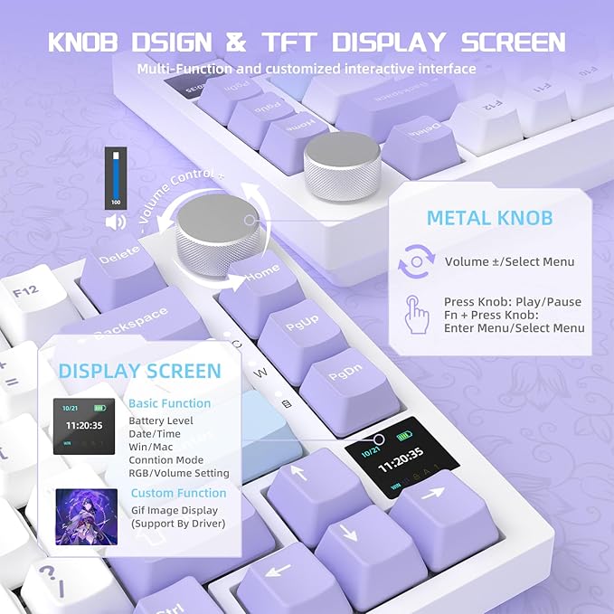 Attack Shark ajazz AK820 Pro 75% Mechanical Keyboard and Coiled Cable Hot Swappable Wireless 2.4GHz/Bluetooth/Wired TFT Screen & Knob Flying Fish Switch RGB Gasket Mount Custom Keyboard-Purple
