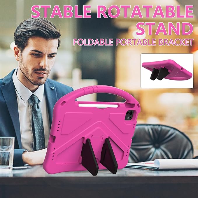 Kids Case for iPad Pro 11 inch M5/M4 (2025/2024) with Kickstand/Pencil Holder/Handle Stand Lightweight Soft EVA Foam Shockproof Heavy Duty Rugged Protection Kids Girls Boys Cover, Rose