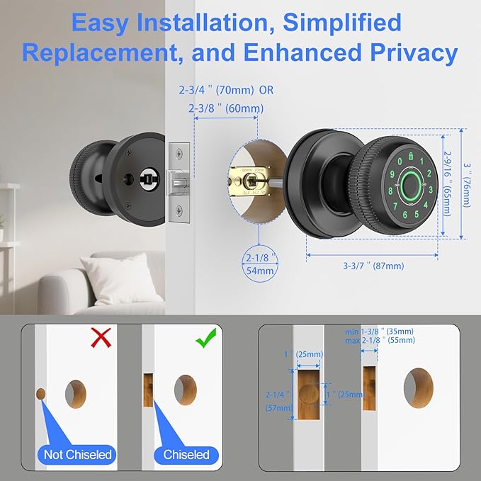 BIWIBON 5-in-1 Smart Door Knob, Fingerprint Door Knob with App Control, Smart Fingerprint Door Lock,Auto Lock, Ideal for Home, Bedroom, Office, Black