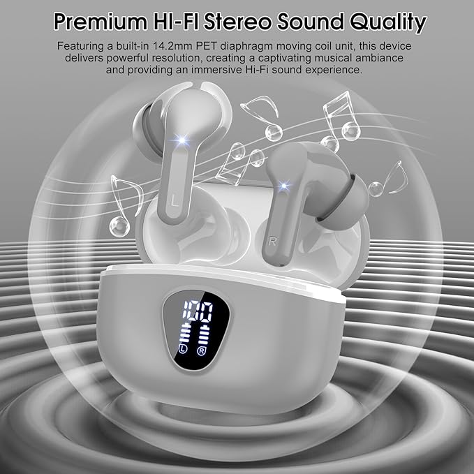 Wireless Earbuds, Bluetooth 5.4 Headphones HiFi Stereo, Bluetooth Earbuds with ENC Noise Cancelling Mic, IP7 Waterproof in Ear Earphones, 48H, LED Display Ear buds for Pad Phones Workout Sports, Grey