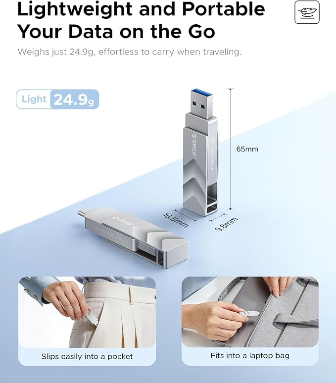 ORICO 128GB USB Flash Drive SSD, External TLC NAND Solid State Drive Up to 400MB/s Read, 300MB/s Write High Speed USB-C & USB-A Port,Metal Housing Swivel Design Compatible with iPhone 17, Android, PC