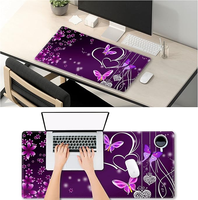 Extended Gaming Mouse Pad XXL ArtSo Large Keyboard Mat Long Mousepad Desk Decor Writing Pad Non Slip Rubber Base Stitched Edges for Work, Game, Office, Home, 35.1" x 15.7", Purple Heart Butterfly
