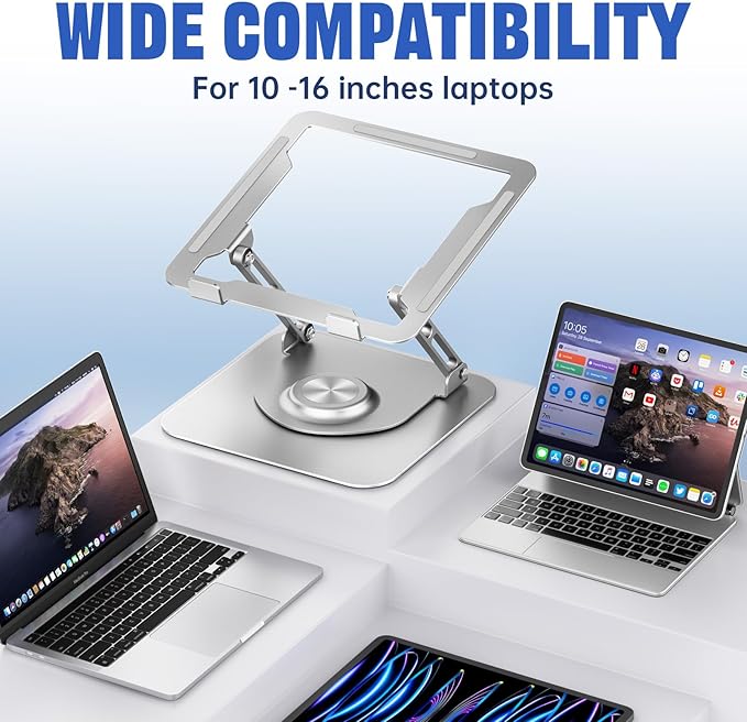 JOYEKY Laptop Stand for Desk, Adjustable Computer Stand with 360° Rotating Base, Ergonomic Laptop Riser for Collaborative Work, Foldable & Portable Laptop Stand, fits for All 10-16" Laptops (Sliver)