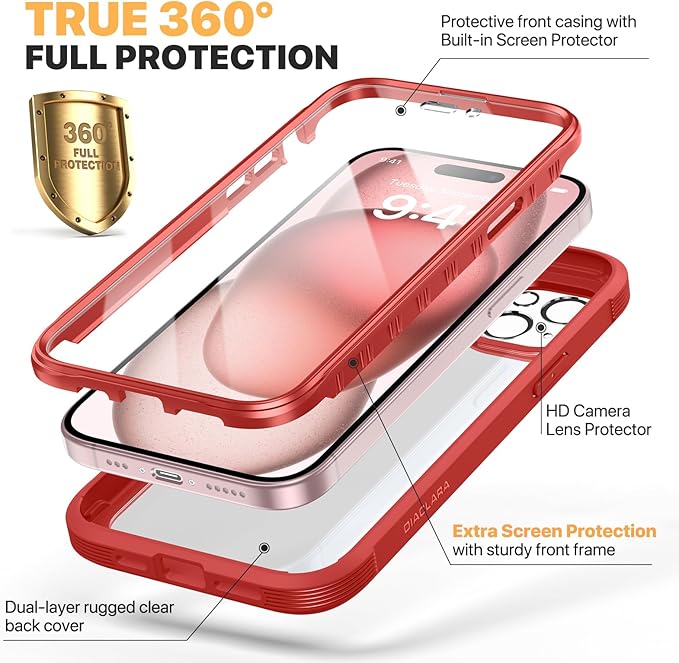 Diaclara Designed for iPhone 15 Case, Full Body Rugged Case with Built-in Touch Sensitive Anti-Scratch Screen Protector, with Camera Lens Protector for iPhone 15 6.1" (Red)