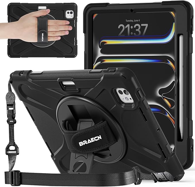 BRAECNstock for Apple iPad Pro 11 inch Case M5 2025/ M4 2024, Shockproof Protective Case with Pencil Holder,360° Rotating Hand Strap + Stand, Shoulder Strap for iPad Pro 11 M5/ M4, Black
