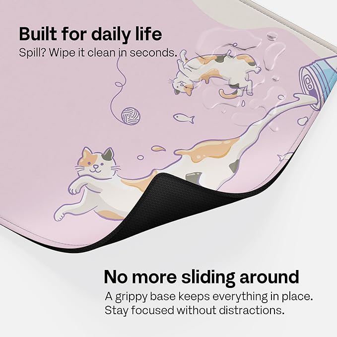 Pixio Mouse Pads - 36 x 16 inch XXL Milky Cats Pink Multifunctional Large Desk Mats for Gaming, Office, Desktop Anti-Slip Waterproof Washable Computer Mouse Mat