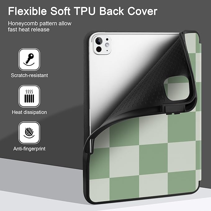 MEEgoodo Case for M5 iPad Pro 11 inch 2025/M4 iPad Pro 11 inch Case 2024, Tablet Cover with Trifold Stand & Pencil Holder & Auto Wake/Sleep & Soft TPU Back Cover, Green Checkered