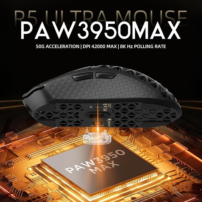 R5Ultra 8K Wireless Gaming Mouse with 42,000 DPI -PAW3950 MAX Sensor -39g Ultra-Lightweight Carbon Fiber -Nordic 52840 MCU Chip-Wired/BT/2.4GHz Wireless Programmable Mouse Griptape for PC/Mac (Black)