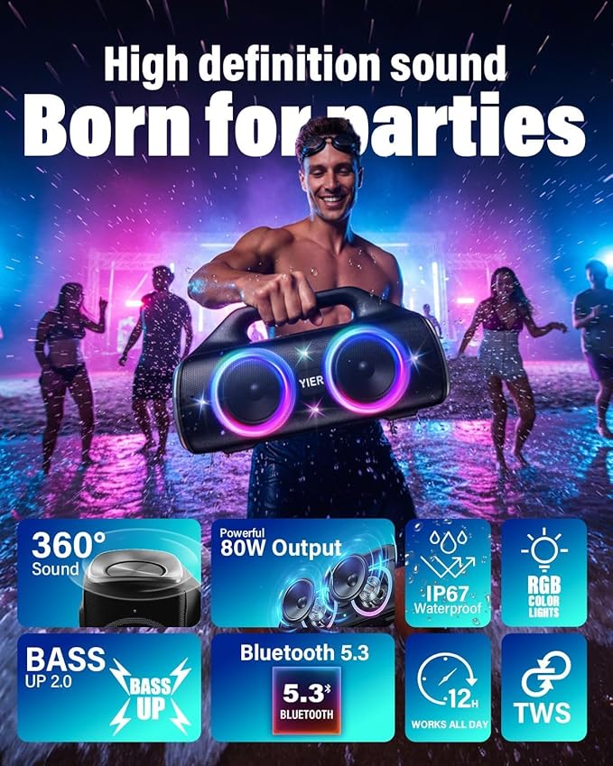 YIER Speakers, 80w (Peak) Portable Wireless Speaker with Lights, Stereo Loud Sound, IP67 Waterproof, Deep Bass Outdoor Speakers Bluetooth 5.3 Dual Pairing for Home Party Beach Camping, Gifts