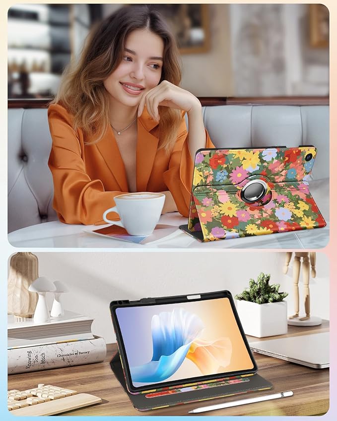 Kidcube for Samsung Galaxy Tab A9 Plus Case 11 Inch - for Women Girls Cute Rotating Stand Folio Cover with Pencil Holder & Card Slot Girly Kawaii Cat Flowers Design for Samsung A9 Plus Tablet Cases