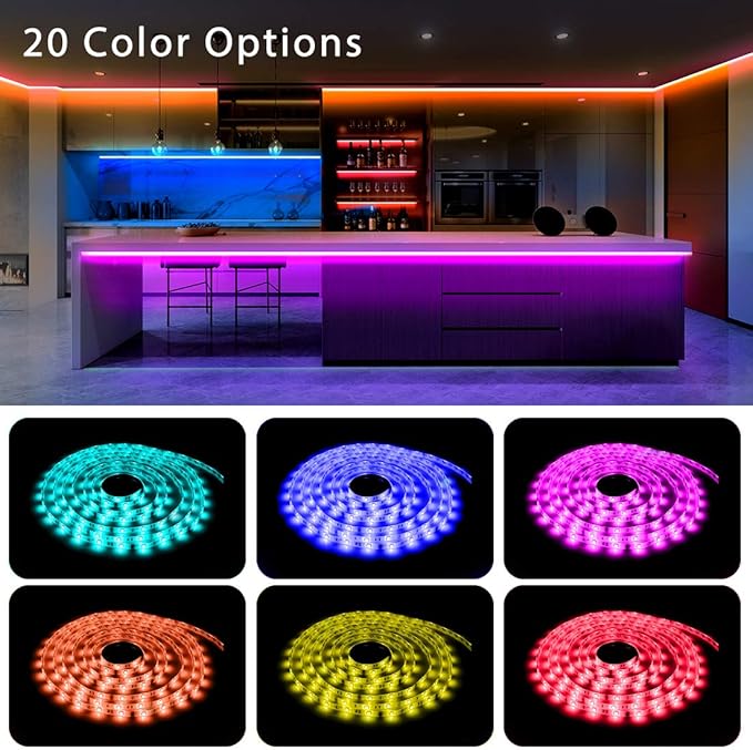 phopollo LED Lights for Bedroom 50FT, 5050 LED Strip Lights with 44 Key IR Remote Controller and 12V Power Supply for Home Decoration