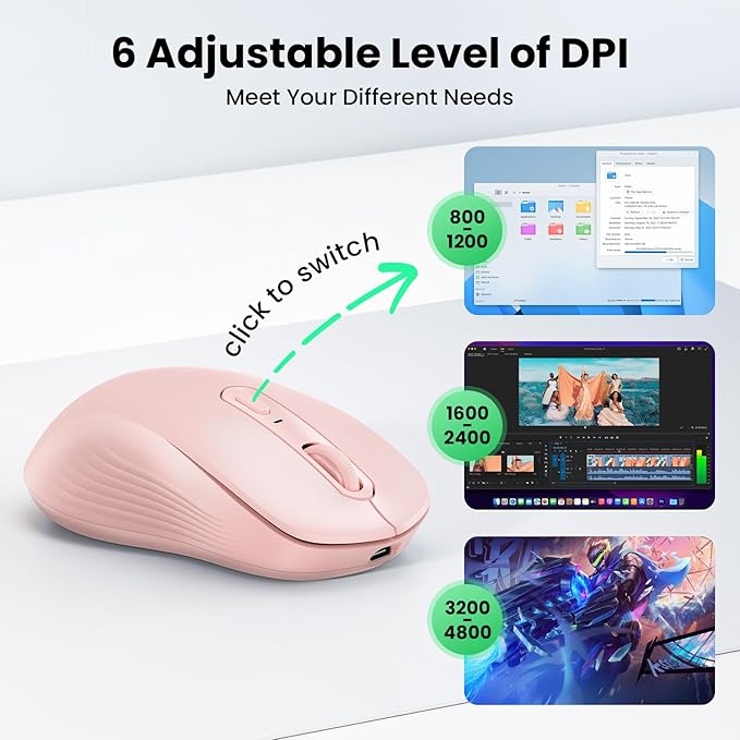 TECKNET Rechargeable Bluetooth Mouse, [ USB + BT5.0 + BT3.0 ] Wireless Mouse, Ergonomic Design, Silent Click, 6-Level 4800 DPI Wireless Mice, 3-Device Switching for Laptop, Computer, MacBook（Pink）