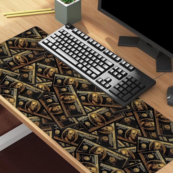 Black Money Rectangle Mouse Pad Non Slip Rubber Base 31.5"x15.7" Gaming Keyboard and Mouse Pad