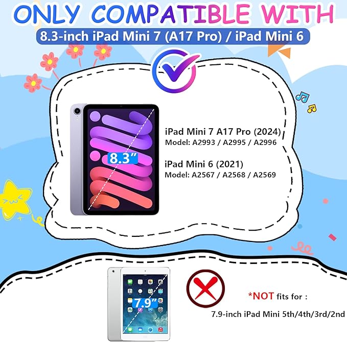 Kids Case for iPad mini 7(A17 Pro) 2024/iPad Mini 6 2021 8.3 Inch, with Built-in Pencil Holder/Anti-Slip Handle/Foldable Stand, Shockproof Protective iPad mini 7th/6th Generation Case 8.3 Inch