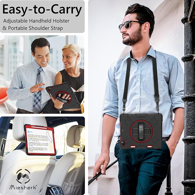 Miesherk Case for iPad Pro 12.9 Inch 6th/5th/4th Generation, Military Grade Heavy Duty Shockproof iPad Pro 12.9 Case - Rotating Stand, Pencil Holder, Hand/Shoulder Strap, Red+Black