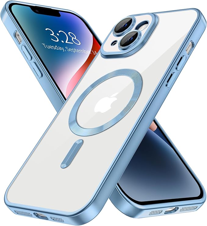 Hython Magnetic Clear for iPhone 14 Plus Case with Camera Lens Protector [Compatible with MagSafe] Luxury Plating Edge Slim Soft TPU Cover Protective Phone Case for iPhone 14 Plus, Matte Light Blue