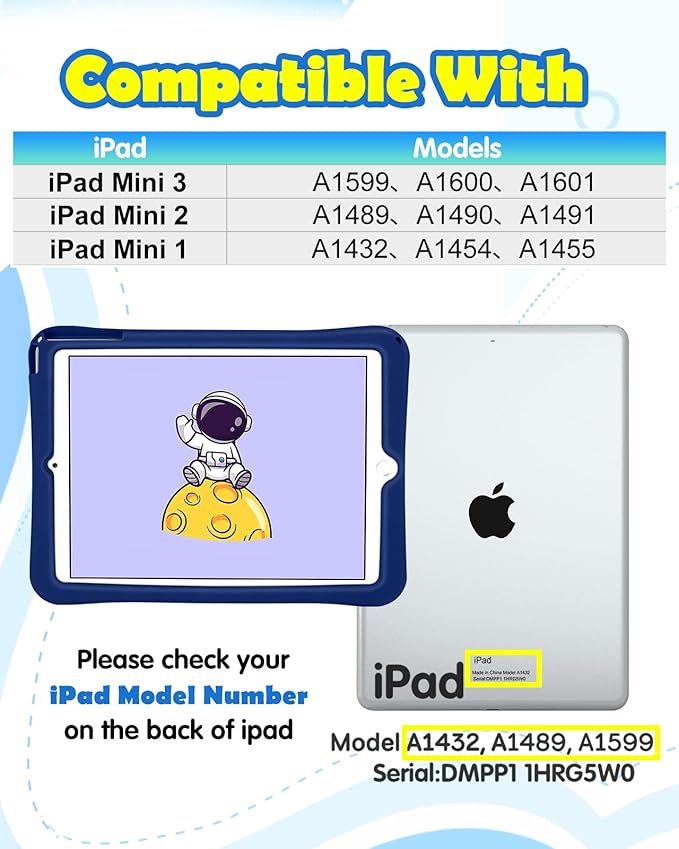 Wazzasoft for iPad mini 1/2/3 Case 7.9 Inch Girls Boys Cute Astronaut Cover Kawaii 3D Cartoon Spacemen with Rotating Handle Stand + Strap Silicone Funda for Apple iPad mini 3rd/2nd/1st Gen Cases