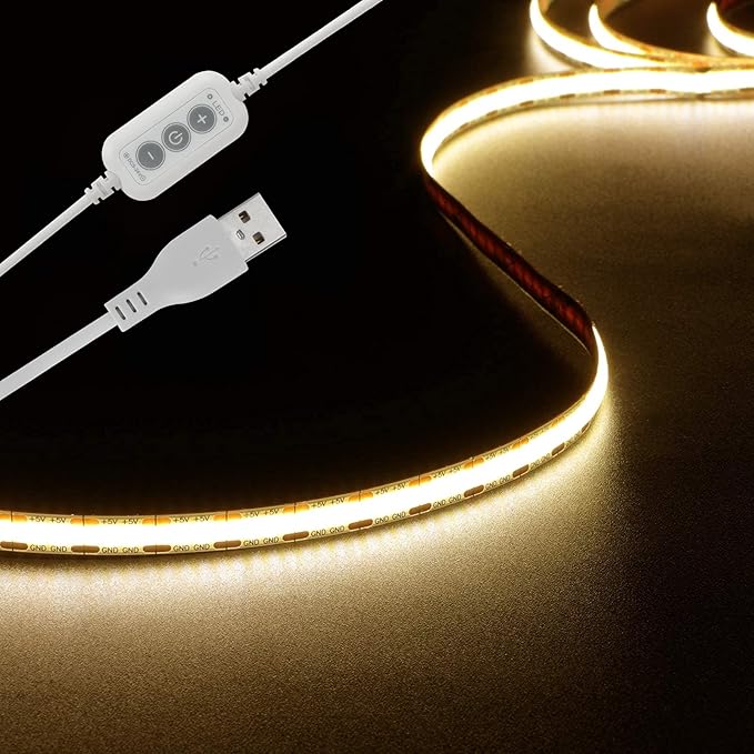 dephen 4.9ft Dimmable LED Strip Lights, 5v Warm White Dotless COB String, Flexible and Cuttable Rope Lighting, Self Adhesive Tape for TV Backlight, Bedroom, Cabinet, Kitchen, DIY