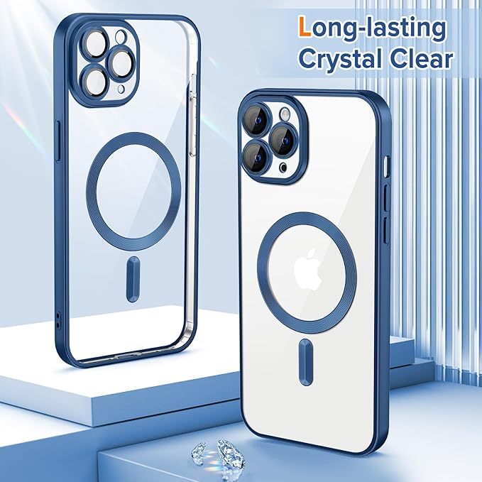 Hython Magnetic Clear for iPhone 11 Pro Max Case with Camera Lens Protector [Compatible with MagSafe] Plating Edge Slim Soft TPU Cover Protective Phone Case for iPhone 11 Pro Max, Matte Deep Blue